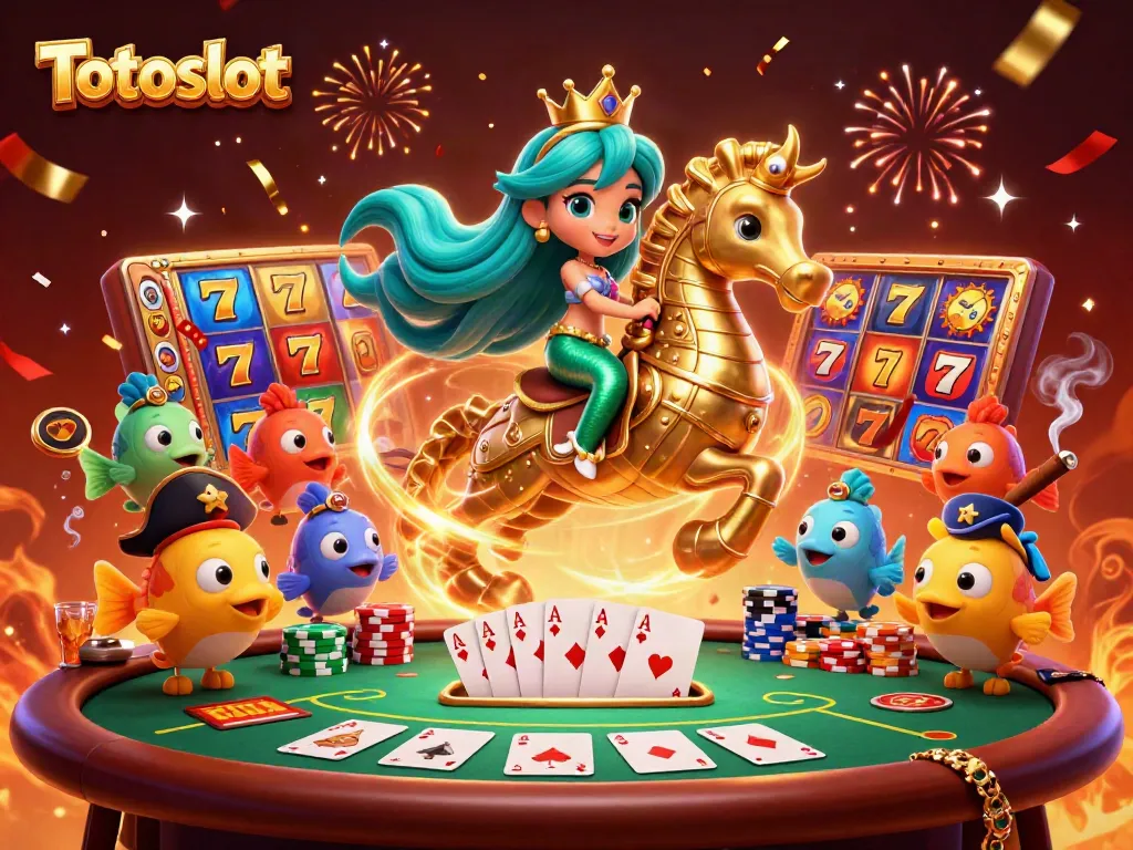 Putri duyung Totoslot bermain di meja poker dengan slot dan koin emas berpadu warna cerah.