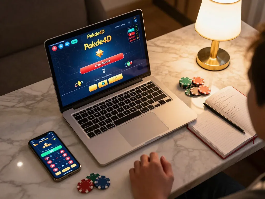 Players engaging in Pakde4D's live dealer game on a laptop, showcasing strategic decisions with visible poker chips.