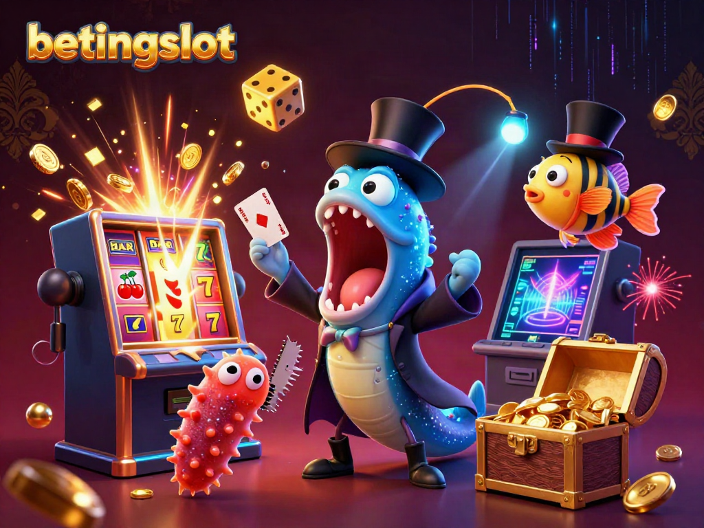 Gulper eel dan ikan pemancing beraksi dalam dunia betingslot, menunjukkan slot jackpot dan koin emas.