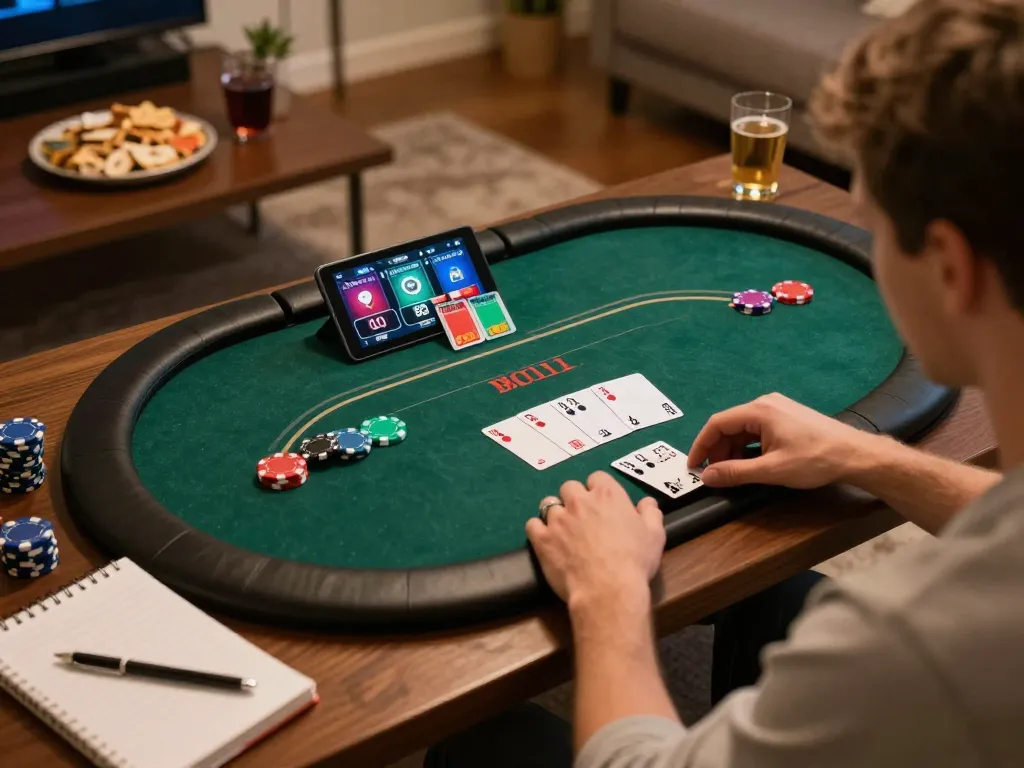 Engaged player strategizing poker gameplay on janadenole, with tablet interface and snacks around.