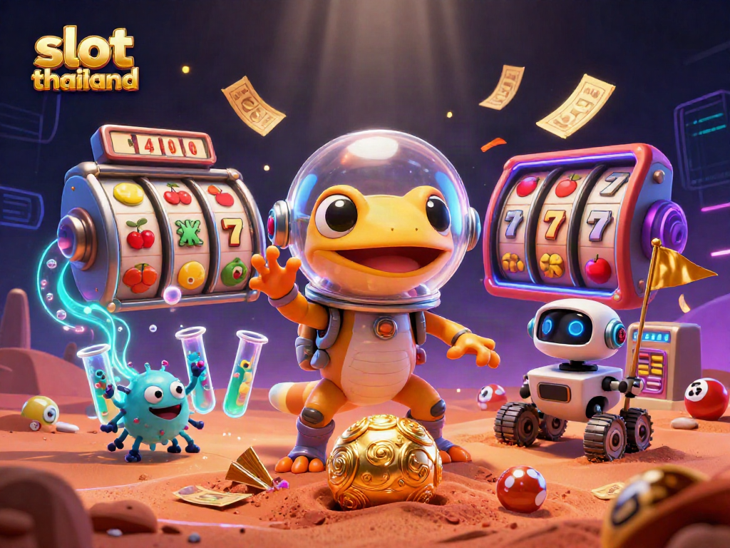 Experience slot thailand with a dynamic 3D illustration showcasing vibrant slot reels and an alien theme.