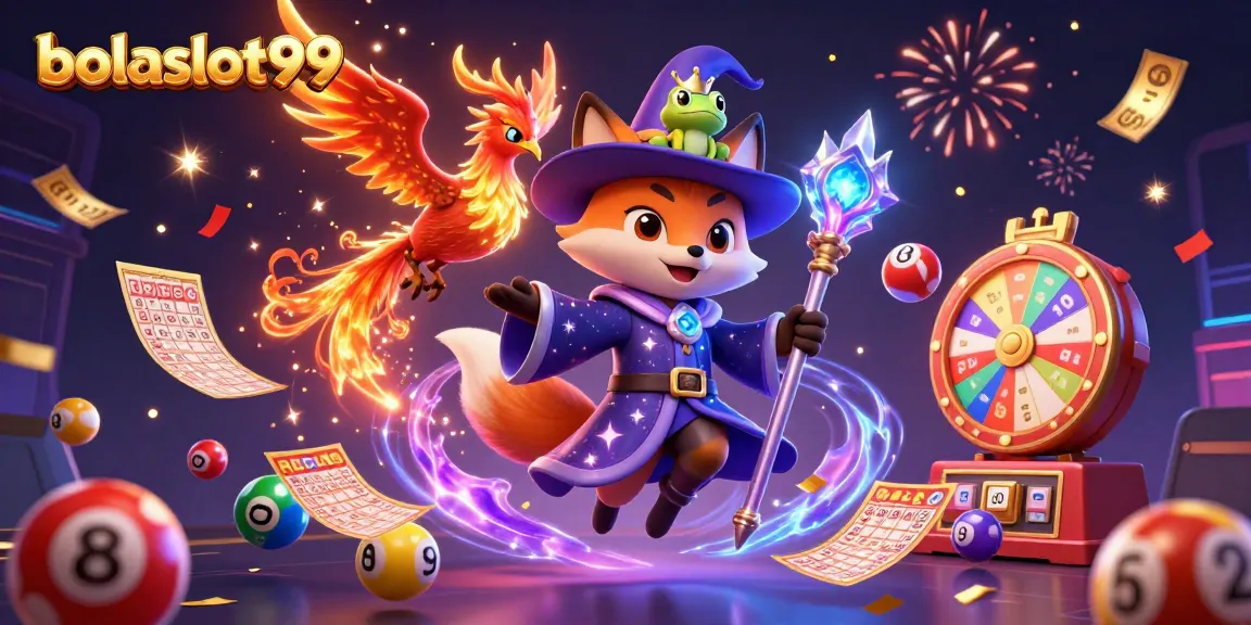Play and win at bolaslot99 with vibrant lotteries and magical elements in this dynamic illustration