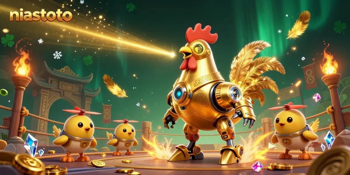 Engage in thrilling gaming with niastoto as golden rooster robots battle in a vibrant casino arena.