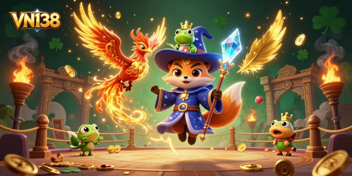 Engage with VN138's thrilling cockfighting arena featuring a mystical wizard fox and phoenix illustration.