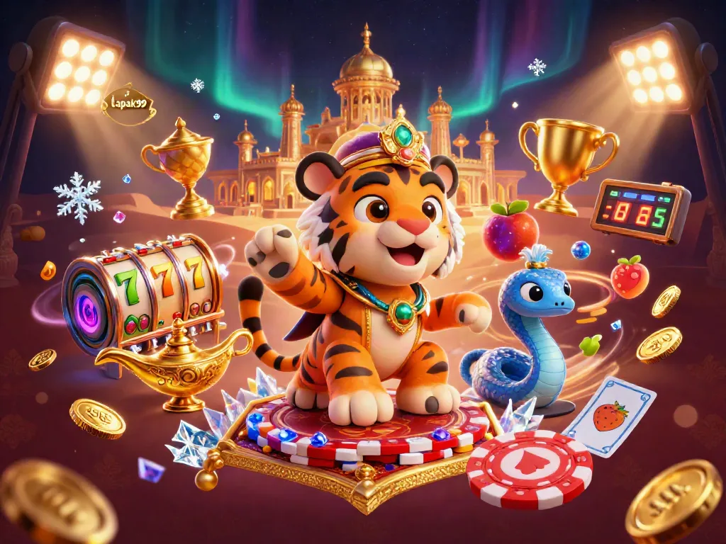 Experience thrilling wins with lapak99's lively casino scene depicting a vibrant tiger sultan and dynamic slot elements.