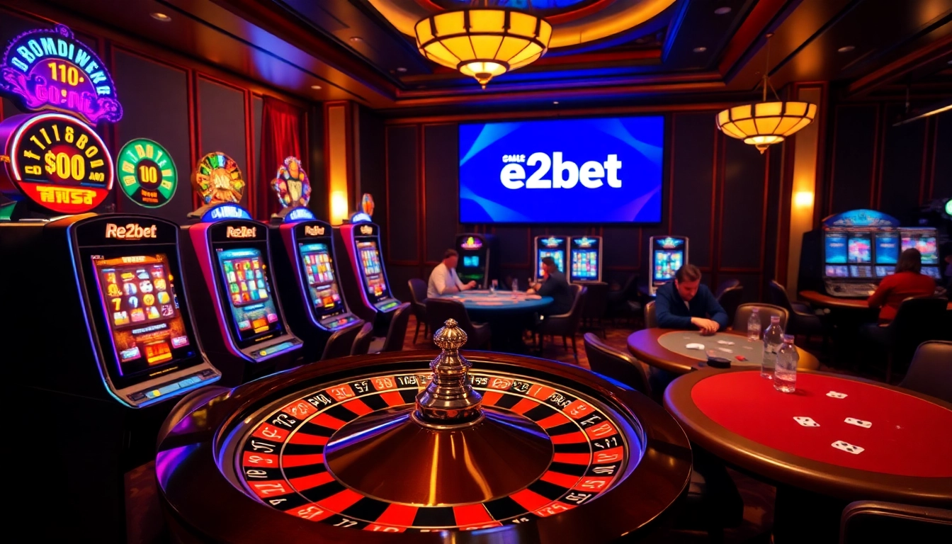 E2bet players enjoying the excitement of slot machines and poker tables in a luxurious casino.