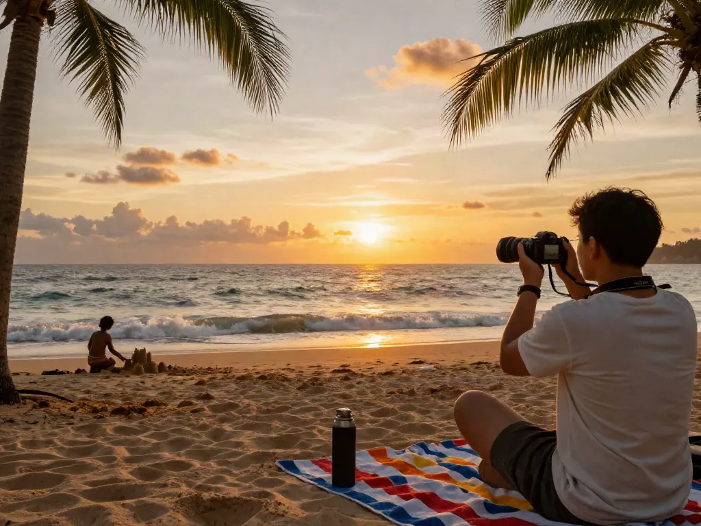 Pemandangan pantai indah saat matahari terbenam dengan pecah25 dalam latar belakang, orang mengambil gambar dengan kamera.