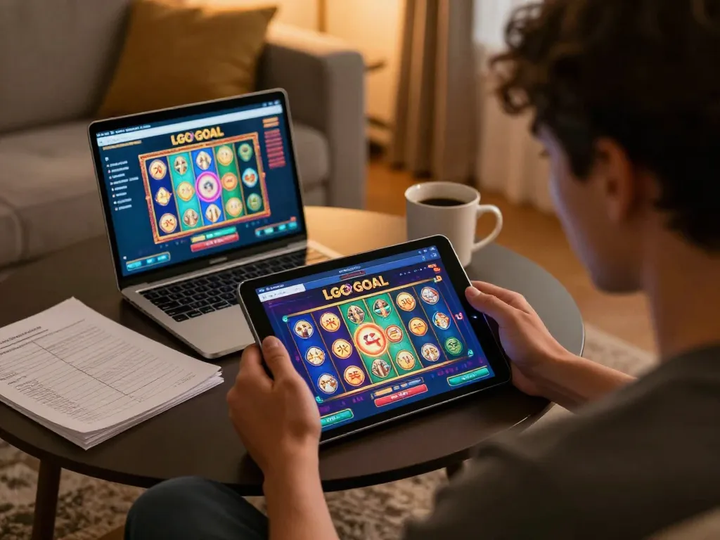 LGO GOAL gaming scene showing a player focused on online slots, capturing strategic excitement in a cozy home