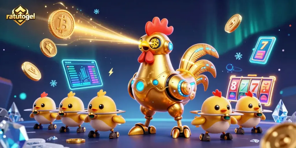 Slot reel berputar dan jackpot bersama ratutogel, menampilkan elemen futuristik dan roket kuning.
