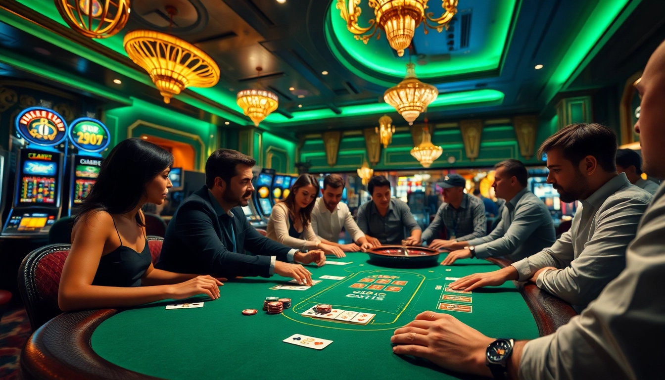 Arus Hoki menampilkan pemain poker bersemangat di meja kasino yang ramai, menggambarkan suasana permainan yang mendebarkan.