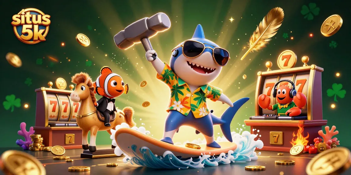 Experience situs 5k's thrilling slot adventures with a shark, clownfish, and crab DJ in this lively illustration.