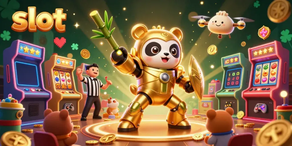 Experience vibrant slot action with a golden panda in a dynamic casino arena