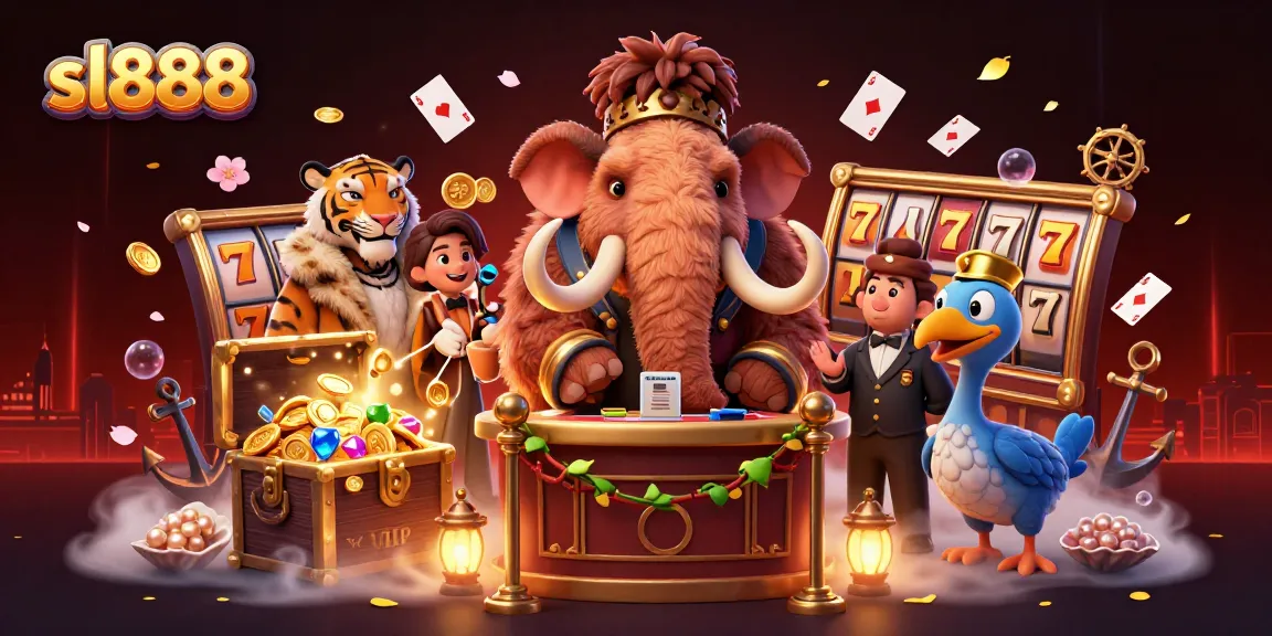 Exciting sl888 casino scene with charming characters and dazzling game elements creating a lively gaming atmosphere