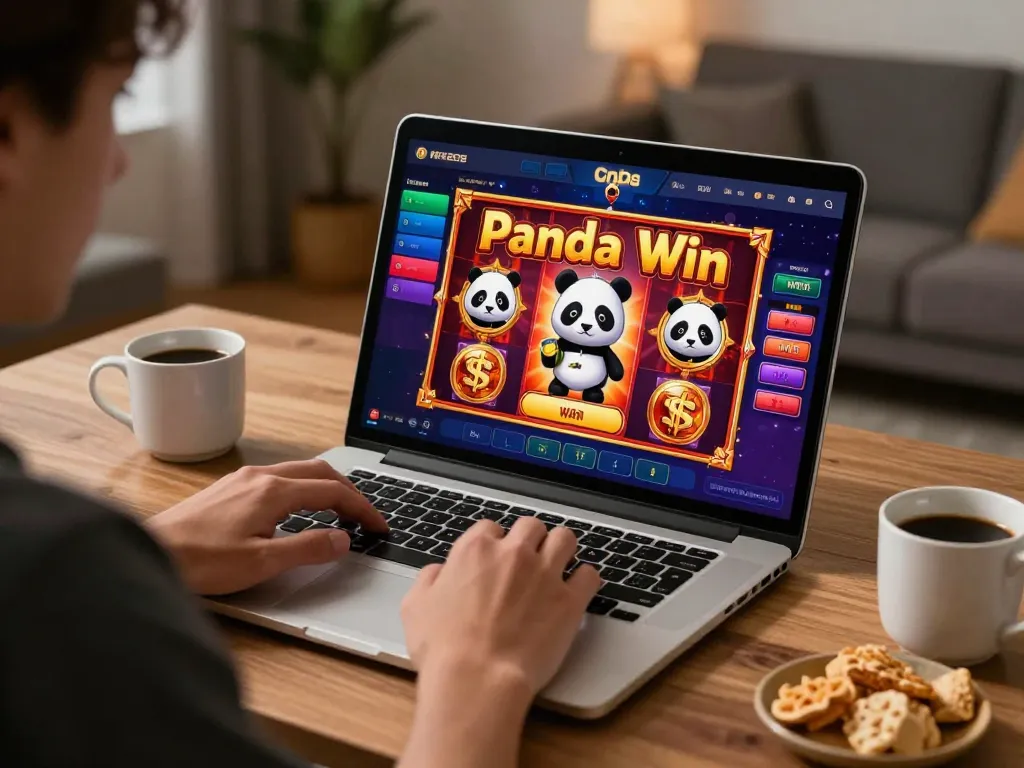 Pengalaman panda win di layar laptop yang menampilkan permainan slot online yang menarik, dengan pemain yang santai di rumah.
