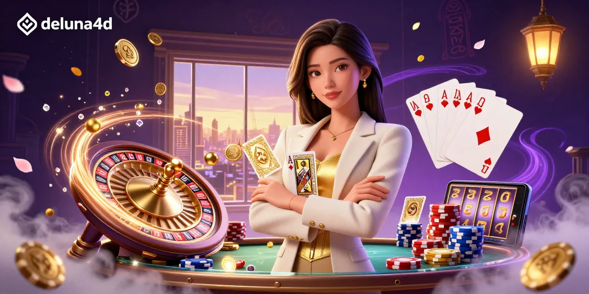 Experience thrilling gaming with deluna4d, showcasing a powerful businesswoman amidst dynamic casino elements.