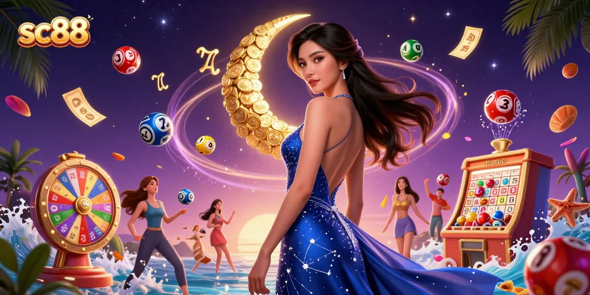Engage with sc88's vibrant online gaming world featuring lottery balls and a stunning celestial character.