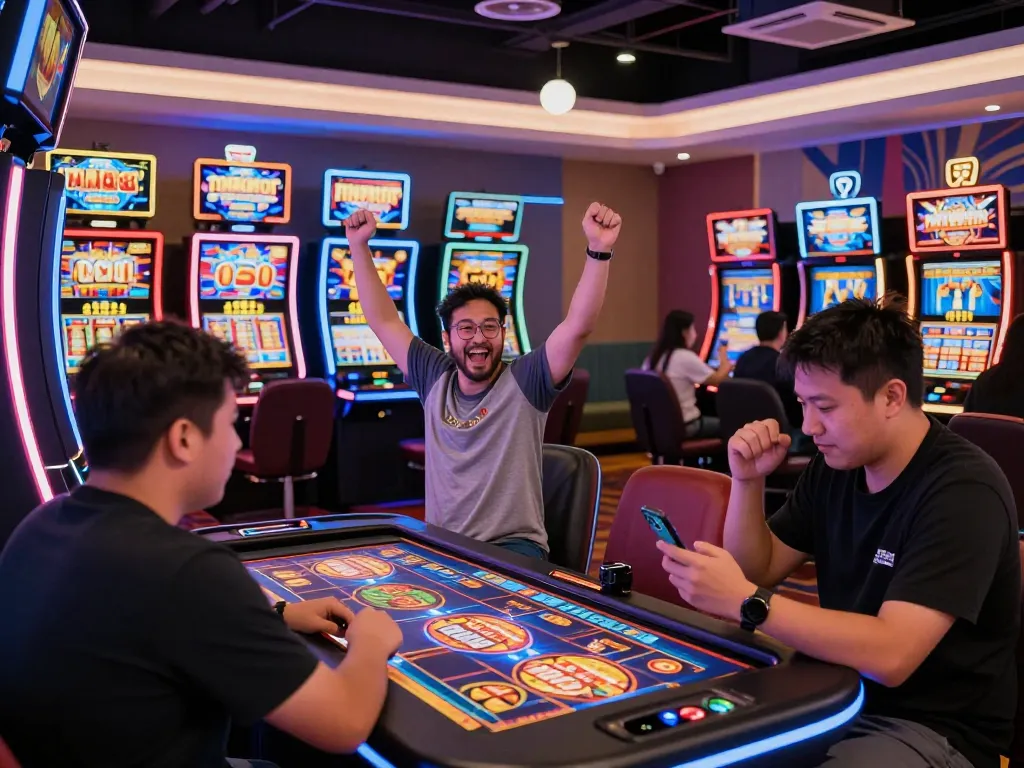 Exciting moment at MM88 casino with players celebrating wins in vibrant gaming environment.