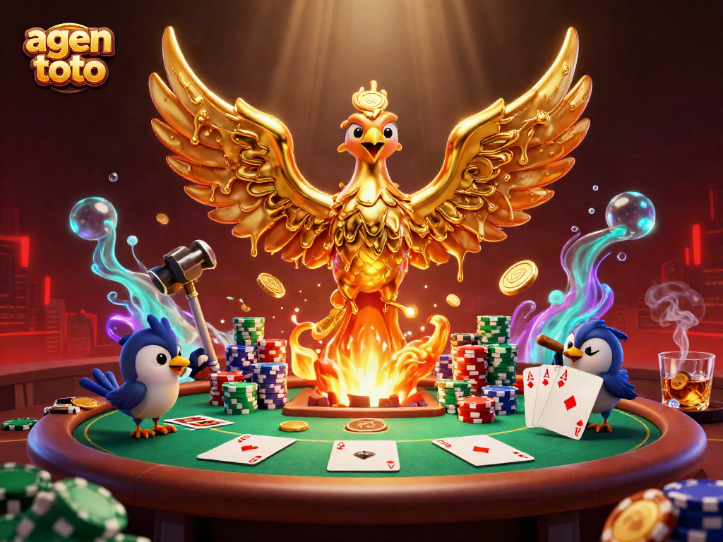 Menyimak agen toto dalam suasana kasino 3D yang dikelilingi poker dan cip.