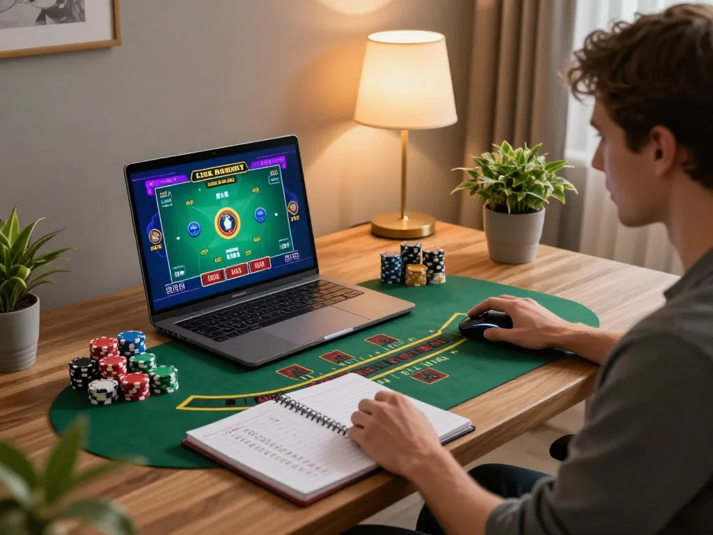 Player enjoying an immersive tg88 blackjack game from a stylish home office.