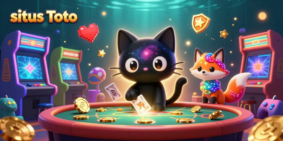 Situs Toto shines as a cosmic casino with a black hole cat and colorful nebula fox spinning luck and rewards.