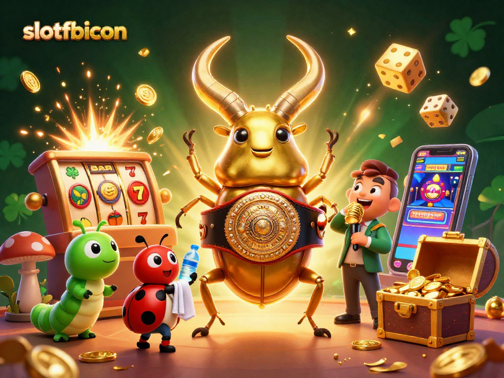 Experience thrilling casino excitement with slotfbicon featuring a colorful 3D illustration of a golden stag beetle boxing scene.