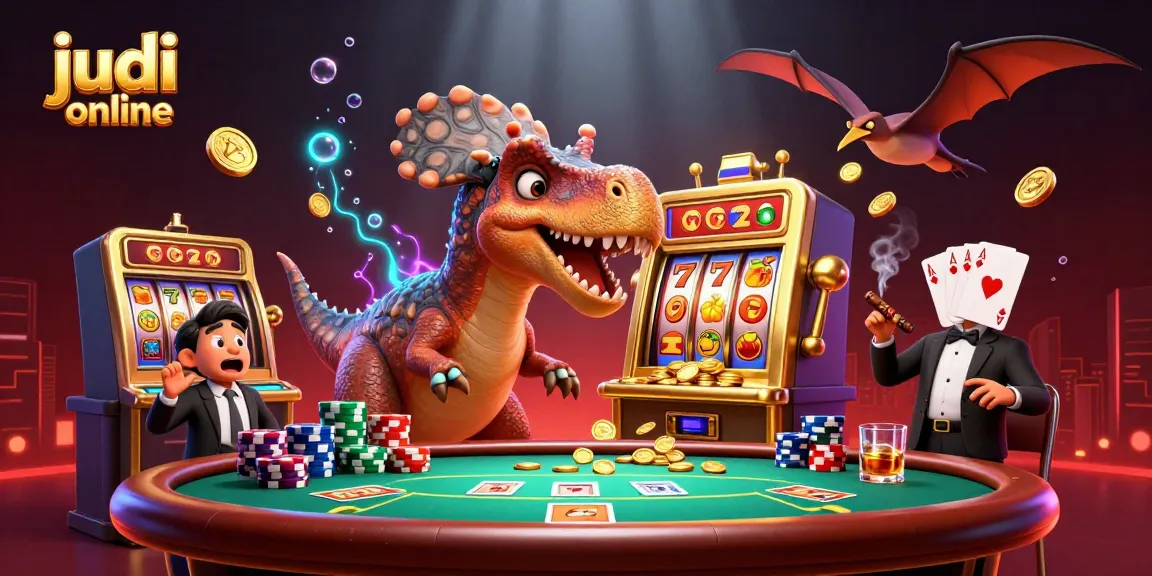 judi online spectacle with pachycephalosaurus hitting a slot machine, golden coins flying