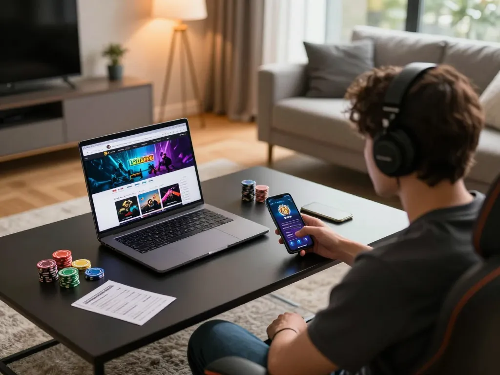 LGO SUPER online casino setup showing a laptop and smartphone in a cozy living room.