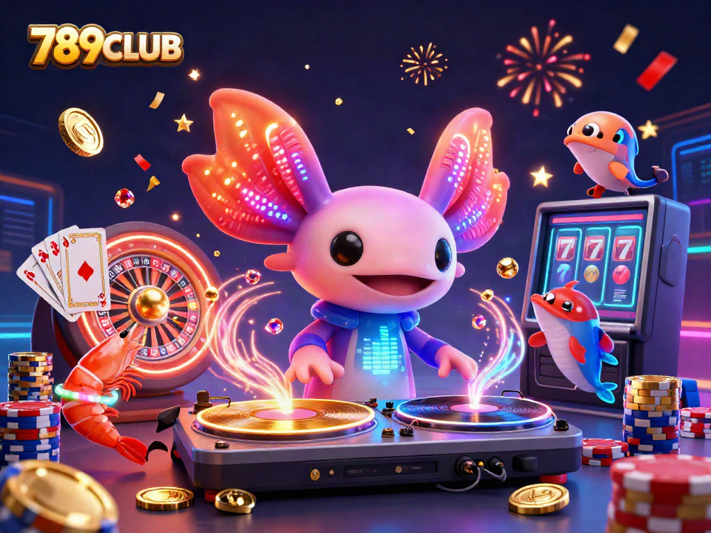 Experience the thrill of gambling with 789CLUB in this vibrant 3D casino illustration featuring dynamic characters and games.