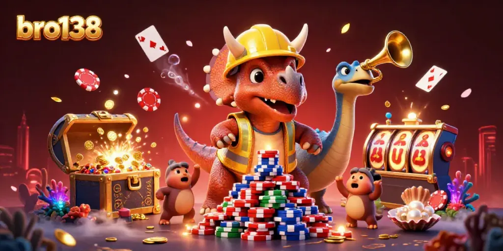 Spin to win with bro138 at an exciting casino scene featuring playful dinosaurs and vibrant gaming elements.