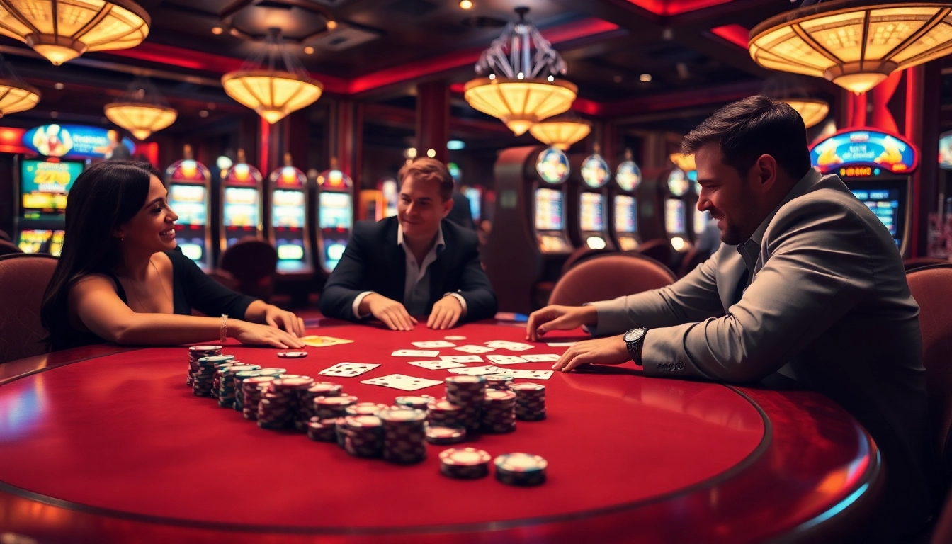 Engaged players enjoy poker online at a vibrant casino table, showcasing chips and cards.