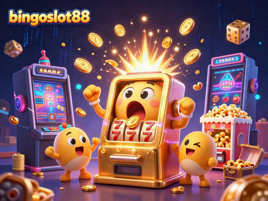 BINGOSLOT88 menghadirkan pengalaman jackpot luar biasa dari mesin slot yang ceria, dikelilingi simbol kemenangan dan keceriaan.