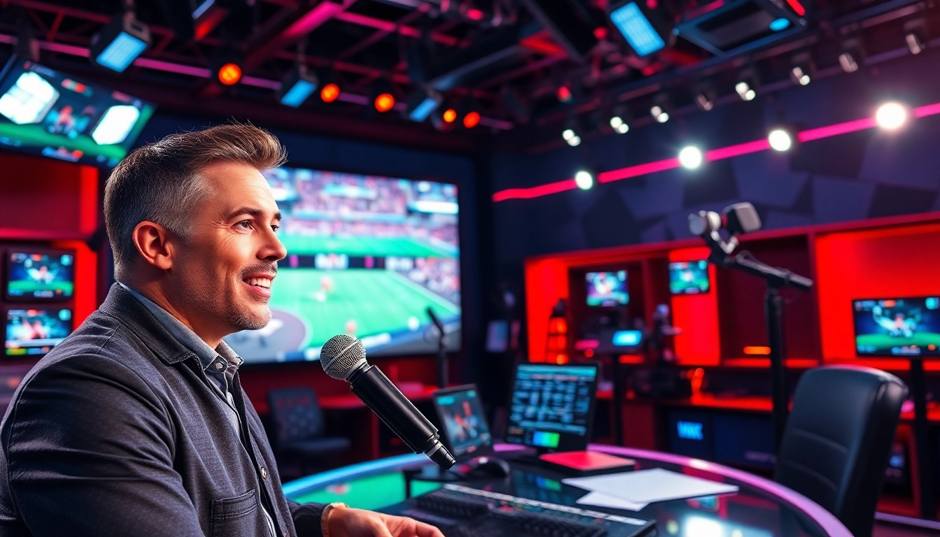 Engaging sports broadcasting scene showcasing a professional anchor delivering live updates.