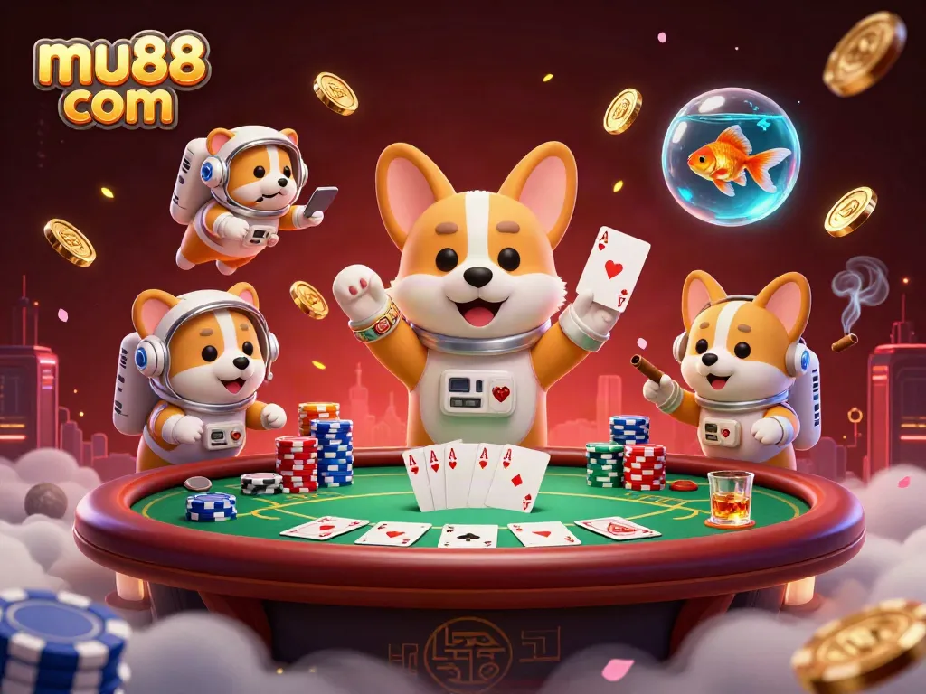 Engage with the mu88 com casino atmosphere through a vibrant, dynamic 3D scene featuring a floating corgi, poker elements, and cosmic fun.