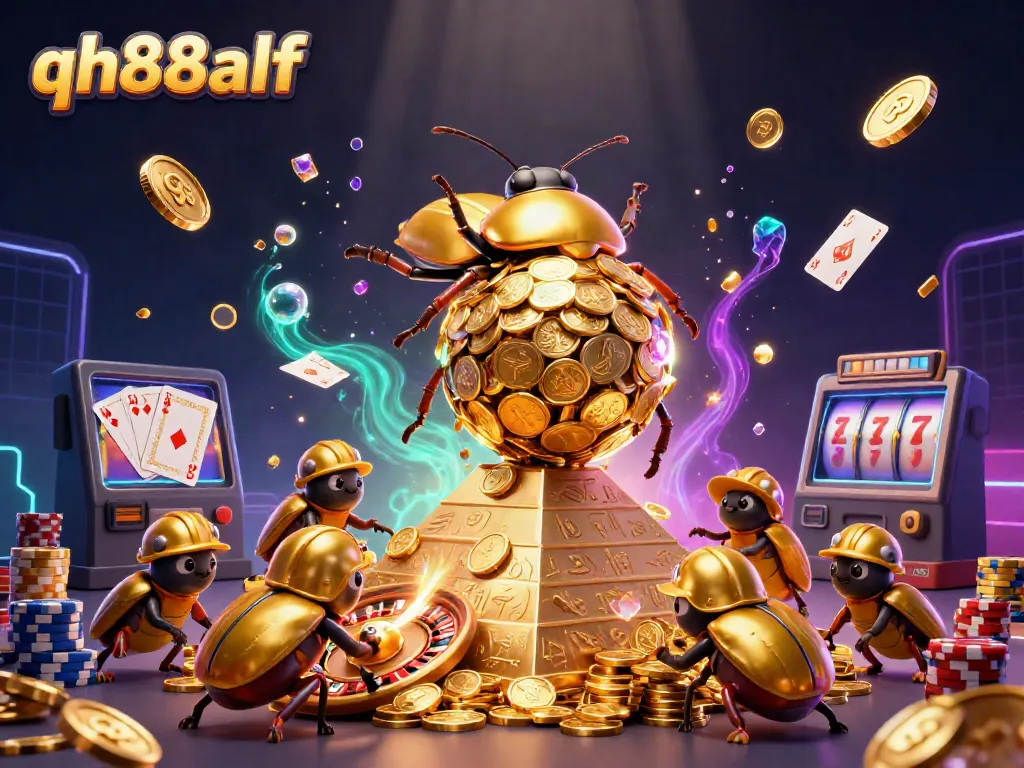 Experience the thrill of qh88alf with golden coins, beetles, and vibrant casino elements.