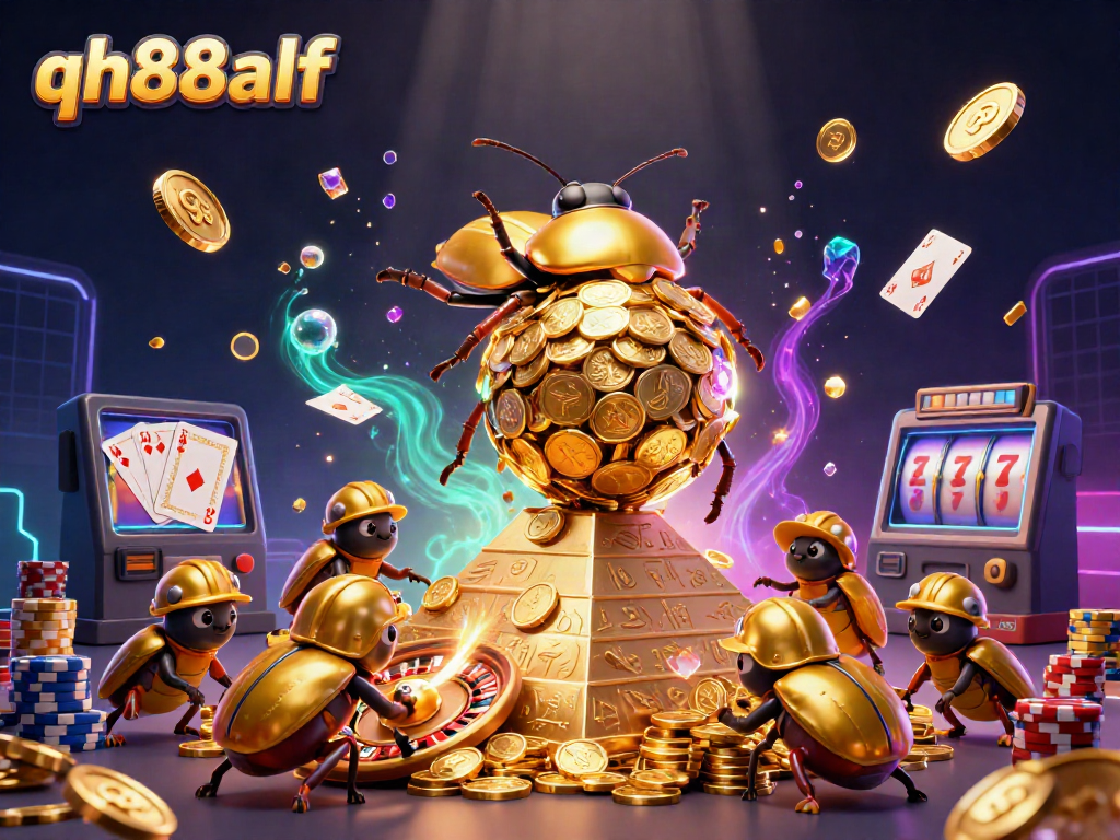 Experience the thrill of qh88alf with golden coins, beetles, and vibrant casino elements.