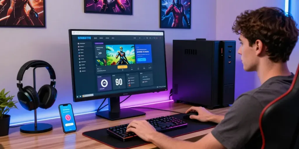 Akses lancar Seributoto di desktop modern dengan gamer menggunakan mouse dan keyboard.