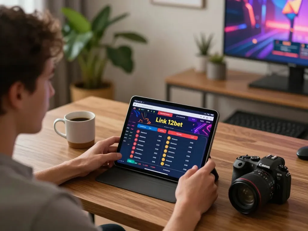 Cảnh chơi game trực tuyến hấp dẫn giới thiệu Liên kết 12bet trên máy tính bảng trong khi tập trung vào chiến lược đặt cược.