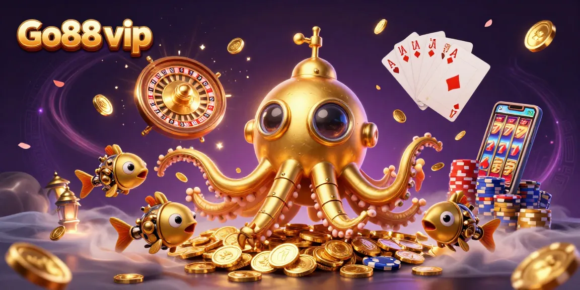 Experience the thrill of Go88 vip with a golden kraken submarine amidst cascading coins and vibrant casino elements.