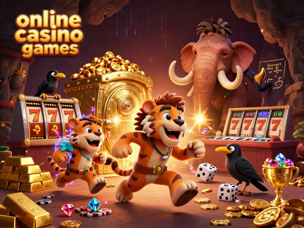 Experience thrilling online casino games with prehistoric duo and sparkling treasures in a vibrant 3D scene.