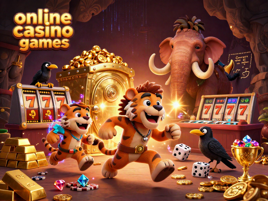 Experience thrilling online casino games with prehistoric duo and sparkling treasures in a vibrant 3D scene.