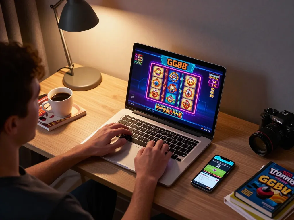 Player immersed in GG88's online casino gameplay from a cozy desk setup, showcasing fun and strategy