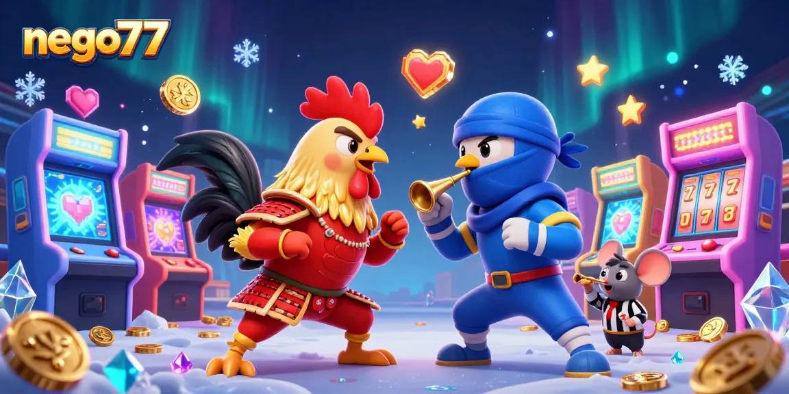 Experience the excitement of nego77 with a dramatic illustration of 3D cartoon fighting roosters in a gaming scene.