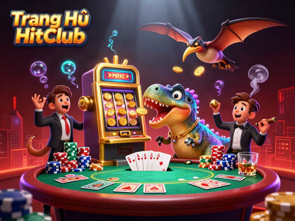 Experience the thrilling jackpot action at Trang Chủ HitClub with our adventurous characters in a dynamic casino scene.