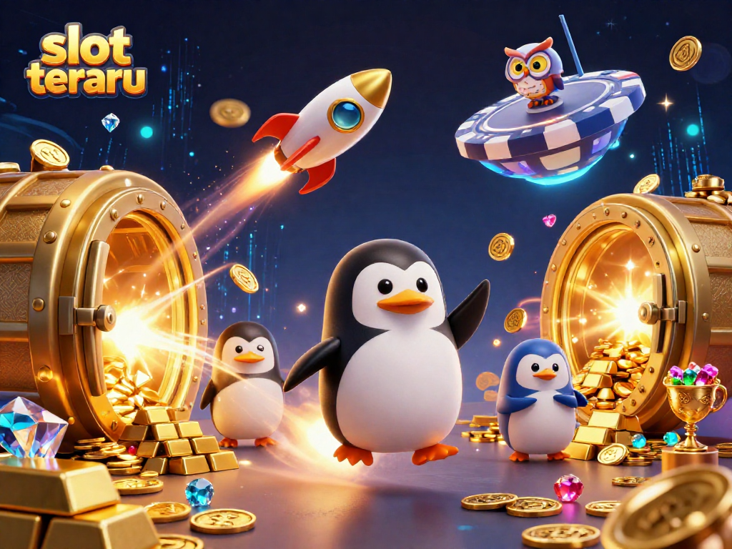 Experience the thrill of 'slot terbaru' with a golden penguin blazing through space toward a casino poker chip.