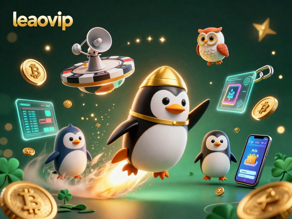 Experience the modern gaming universe with leaovip where a golden penguin navigates a casino-themed space.