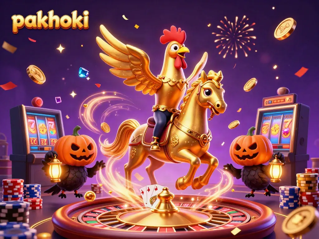 PAKHOKI menghadirkan momen festival perjudian dengan elemen kasino bercahaya dan karakter menarik.