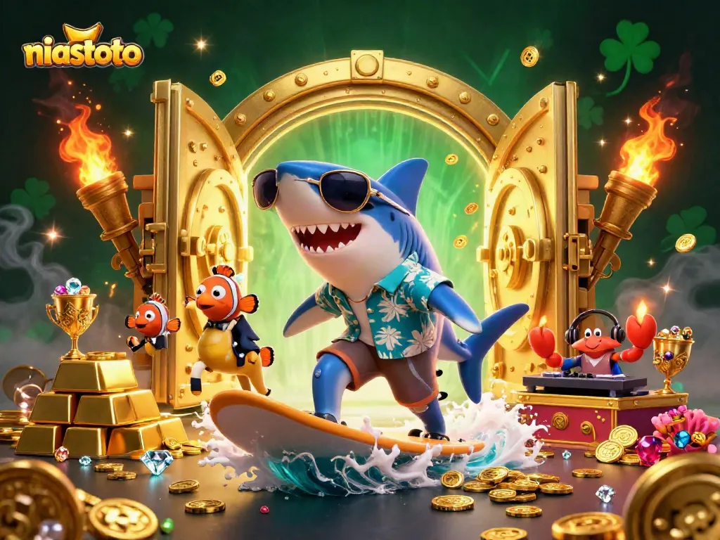 Gali jackpot dengan niastoto, hiu kartun dan DJ crab bertema kasino di bawah lautan.
