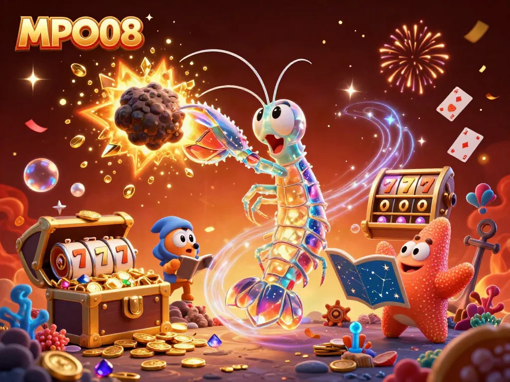 Engage with MPO08's thrilling moments in a vibrant 3D casino illustration featuring jackpots and adventure.