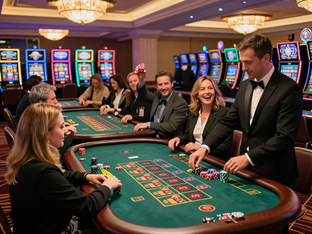 Nego77 players enjoying thrilling games on a lively casino floor, showcasing excitement and wins