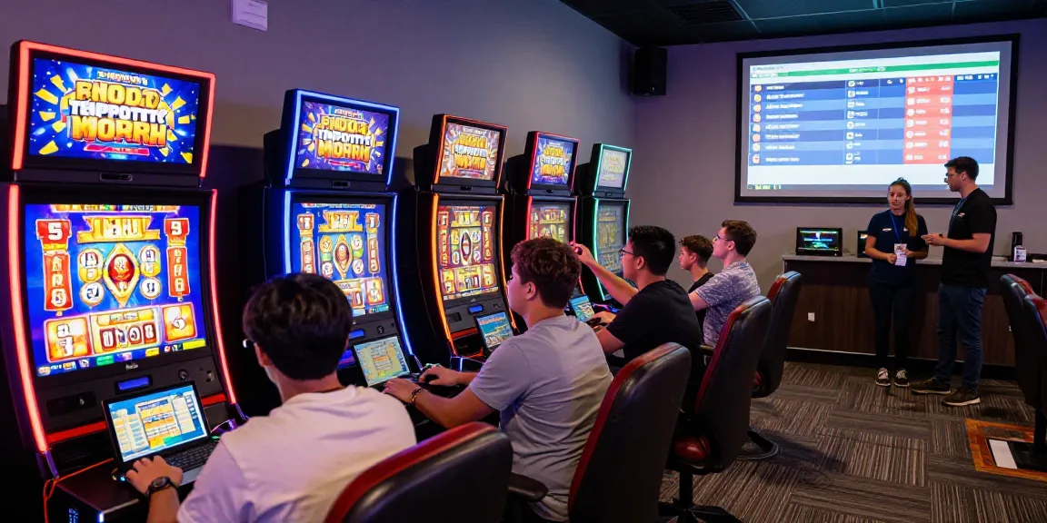 Players enjoying engaging toto slot games at TEMPOTOTO gaming lounge, with vibrant machines and dynamic atmosphere.